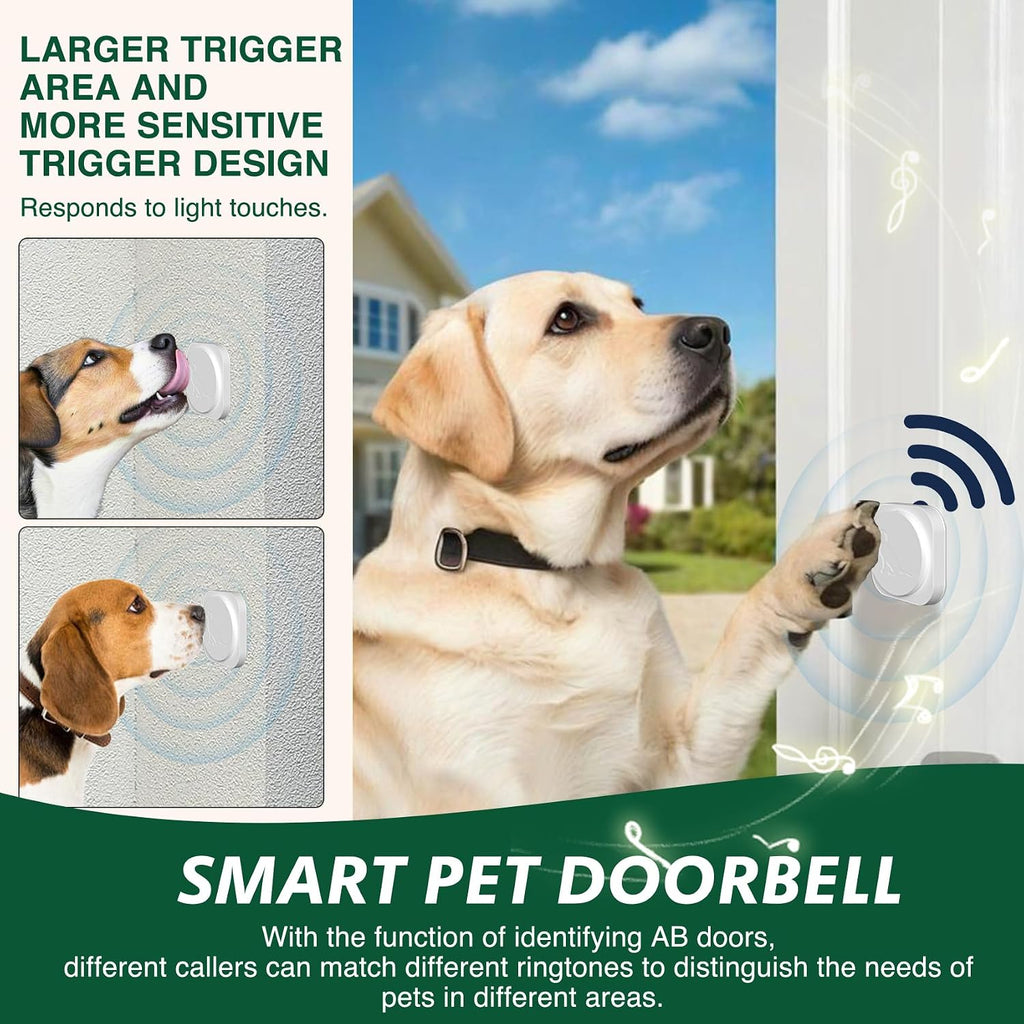 Dog pressing wireless doorbell button at outdoor entrance