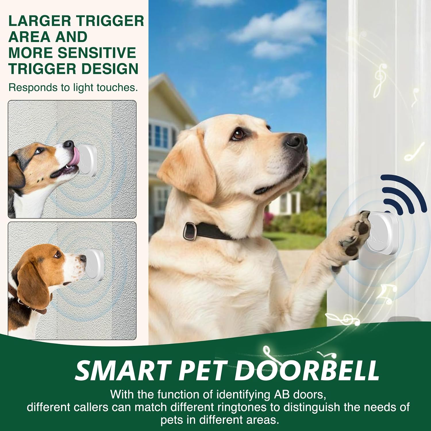 Dog pressing wireless doorbell button at outdoor entrance
