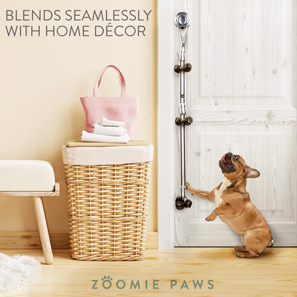 Zoomie Paws puppy training doorbell hanging on a door handle