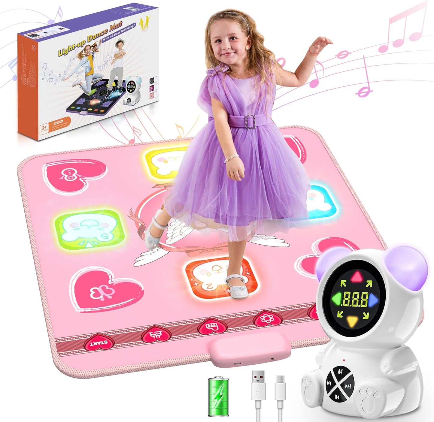 Rechargeable Dance Mat Toys for Girls, Light Up Dance Pad with Wireless Bluetooth, Xmas B-Day Gifts for 3 4 5 6 7 8 9 10 11 12 Years Old Kids (Pink) - Image 1