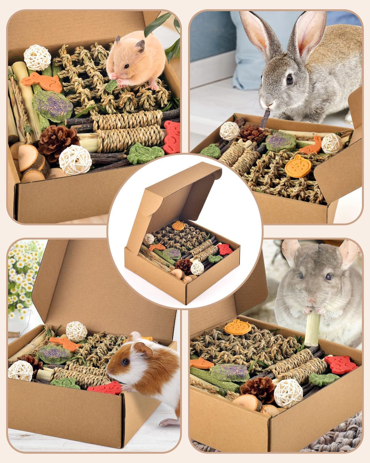 Premium bunny dental treats packaging containing natural grass sticks