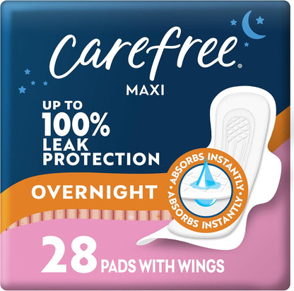 Carefree Maxi Pads Overnight with Wings front packaging view for heavy flow protection.