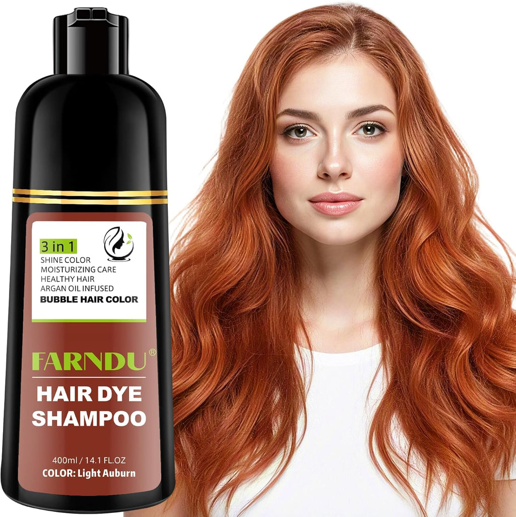 Agthyuve Farndu Light Auburn Hair Dye Shampoo front view of bottle for gray coverage