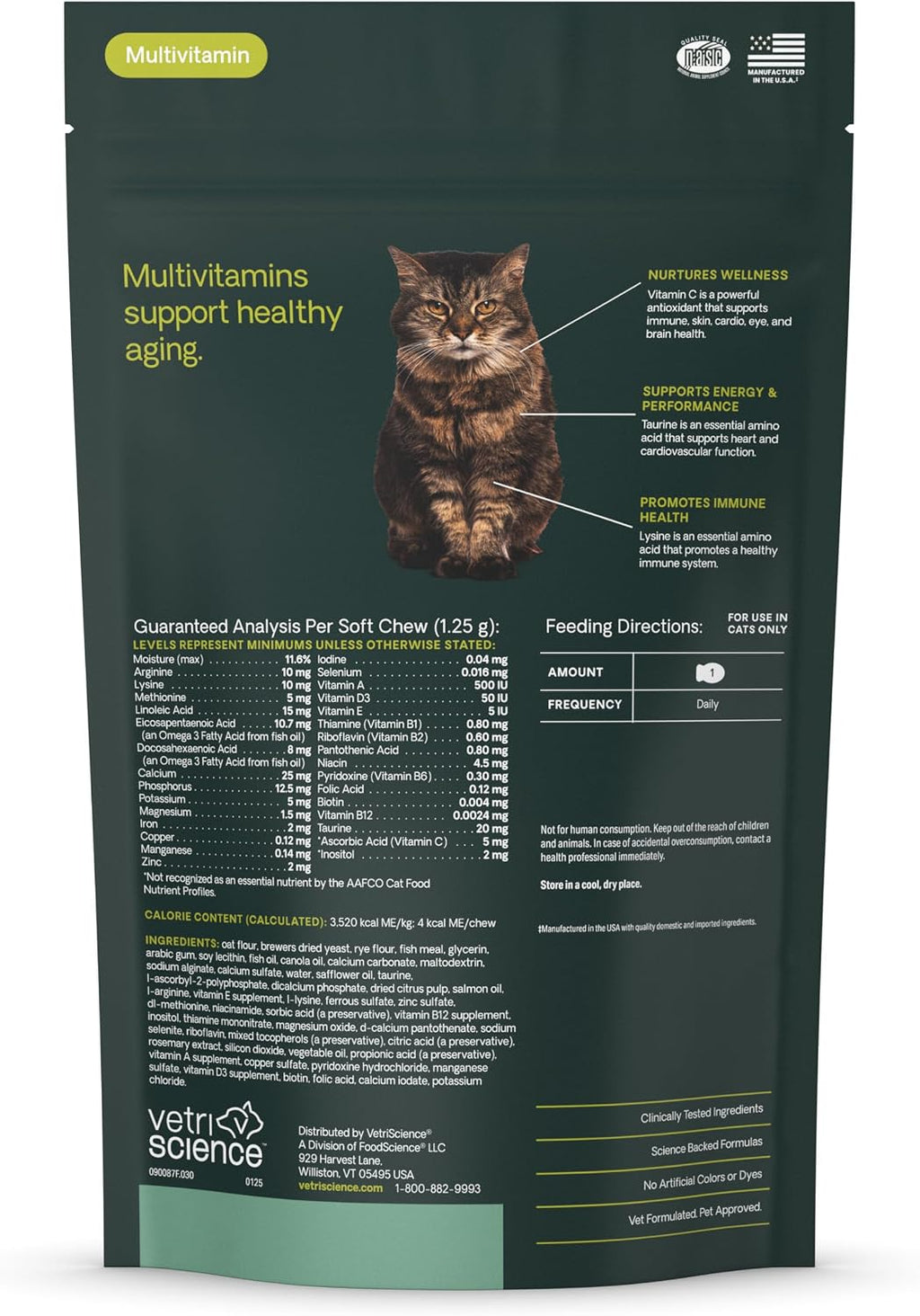 Senior cat nutritional supplement ingredients list display