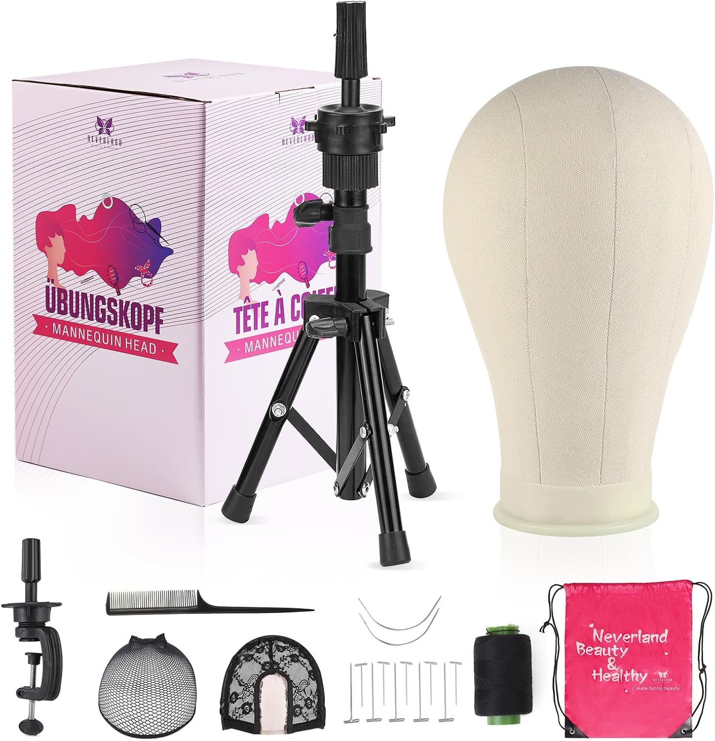 Neverland Beauty & Health 23 inch canvas wig head front view on tabletop mini tripod stand