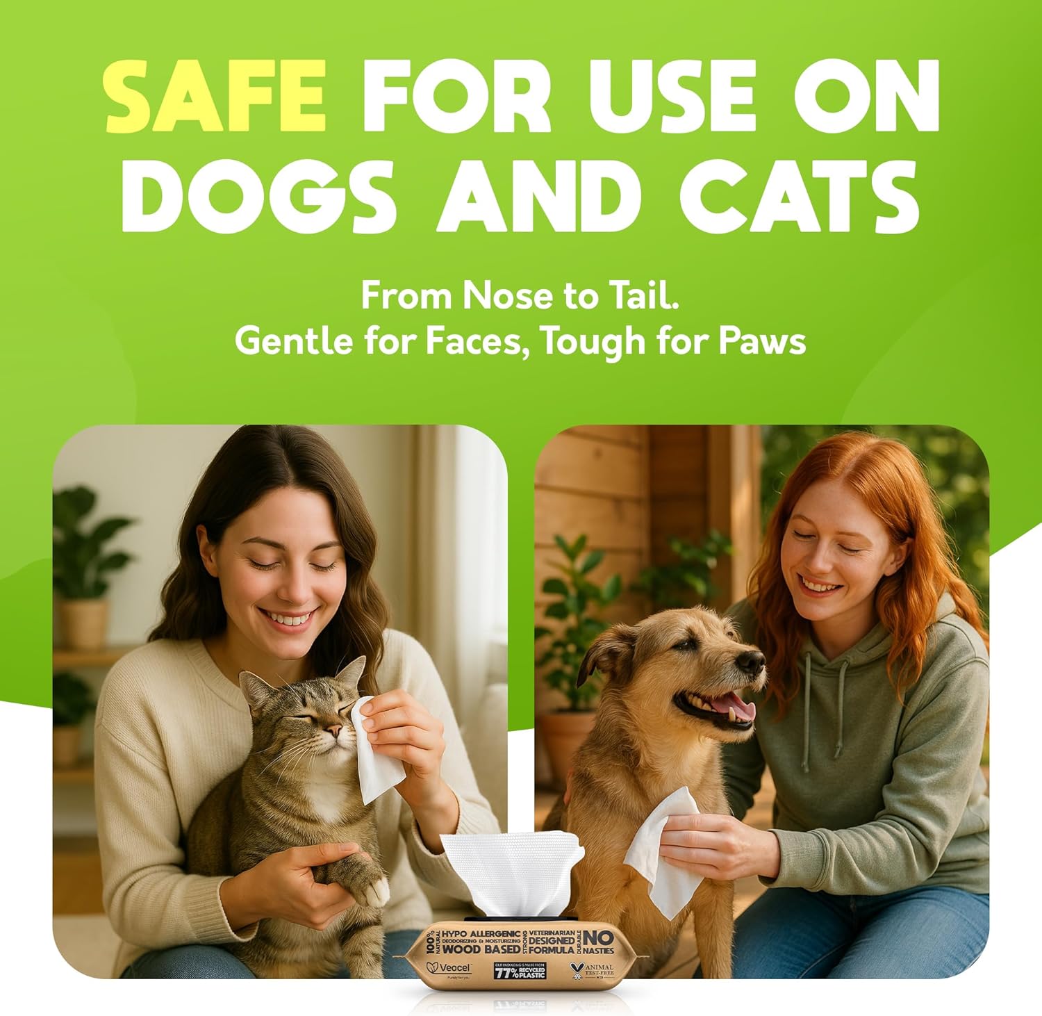 Plant-based full body pet grooming wipes for sensitive skin showing textured material.