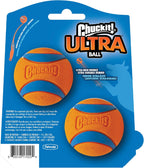 Two Chuckit! Ultra Balls showing orange and blue design