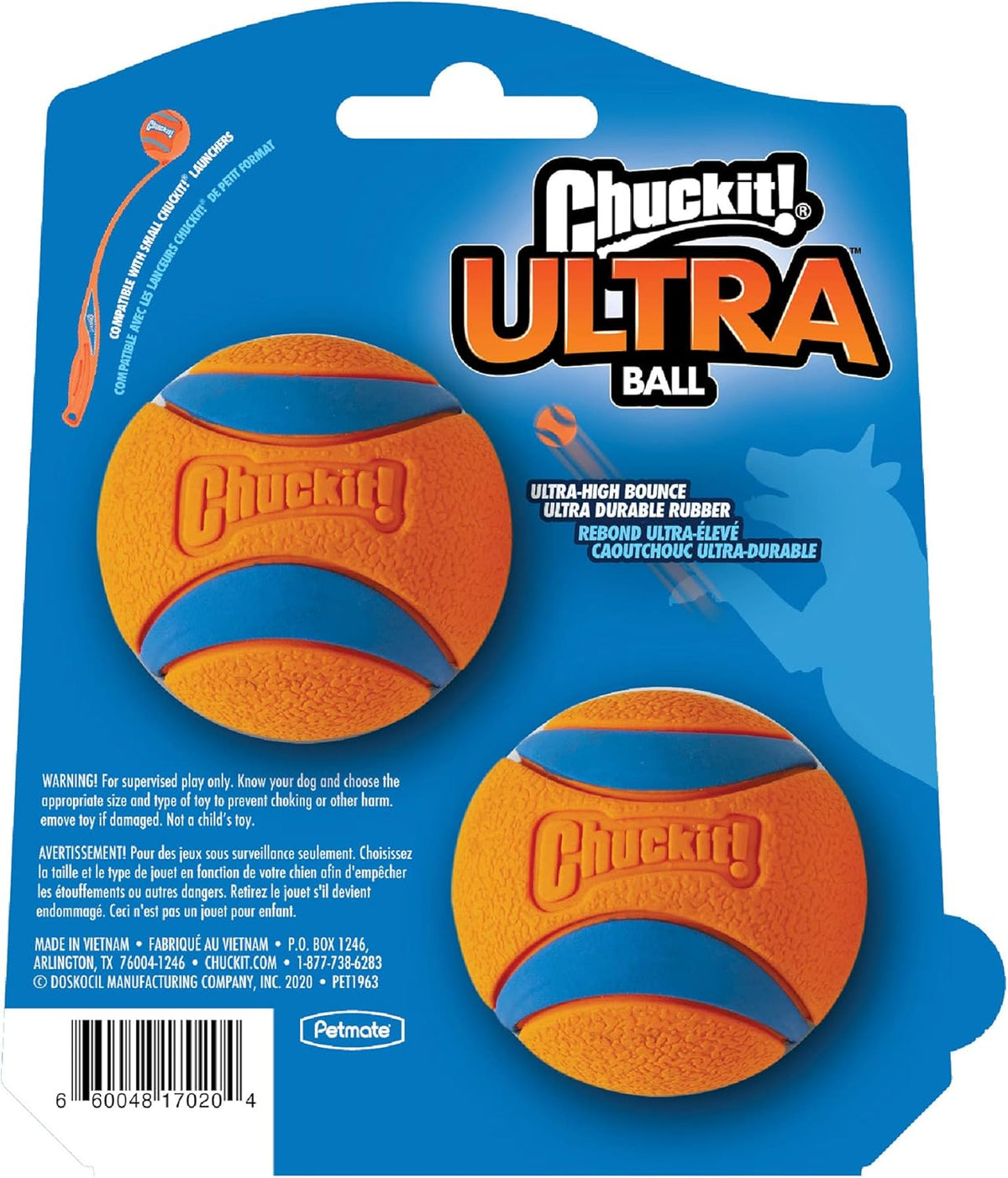 Two Chuckit! Ultra Balls showing orange and blue design