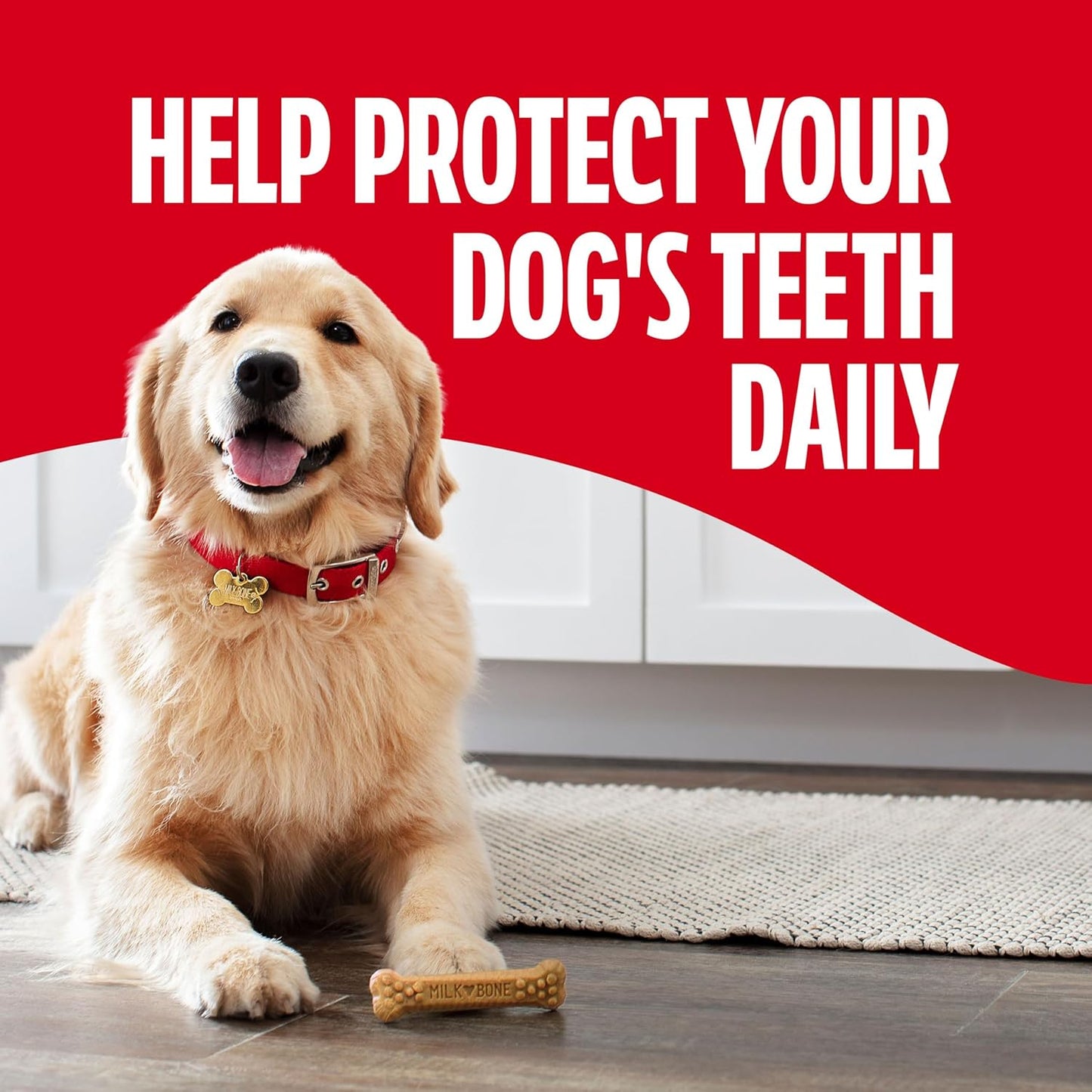 Milk-Bone Brushing Chews 25 count bag for large dogs highlighting tartar reduction.