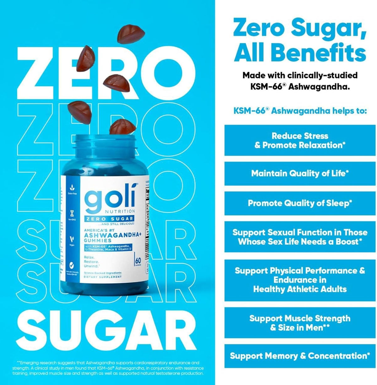 Goli Zero Sugar Ashwagandha gummies nutrition label and ingredients