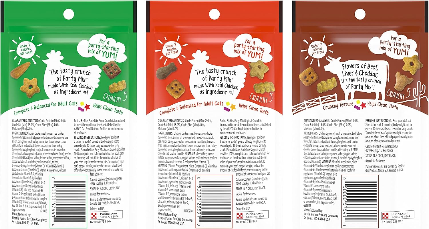 Friskies Party Mix Original Crunch pouch featuring real chicken liver and turkey flavors