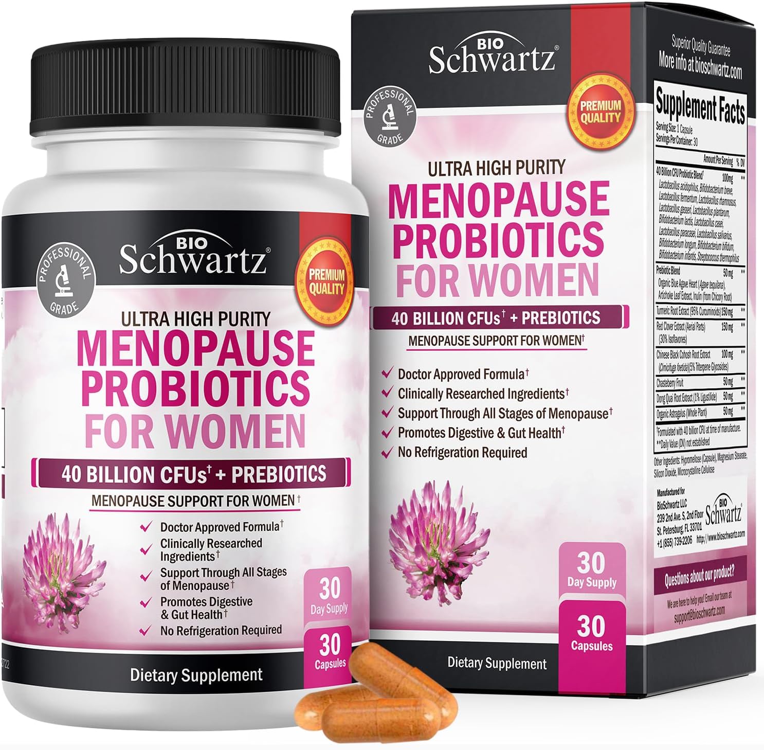 BioSchwartz Menopause Probiotics 40 Billion CFU bottle front view for hormonal balance.