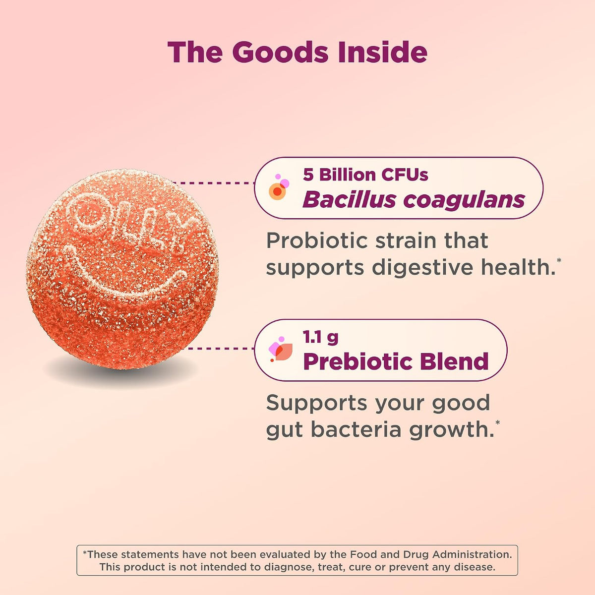 OLLY Probiotic and Prebiotic Gummy bottle showing Peachy Peach flavor