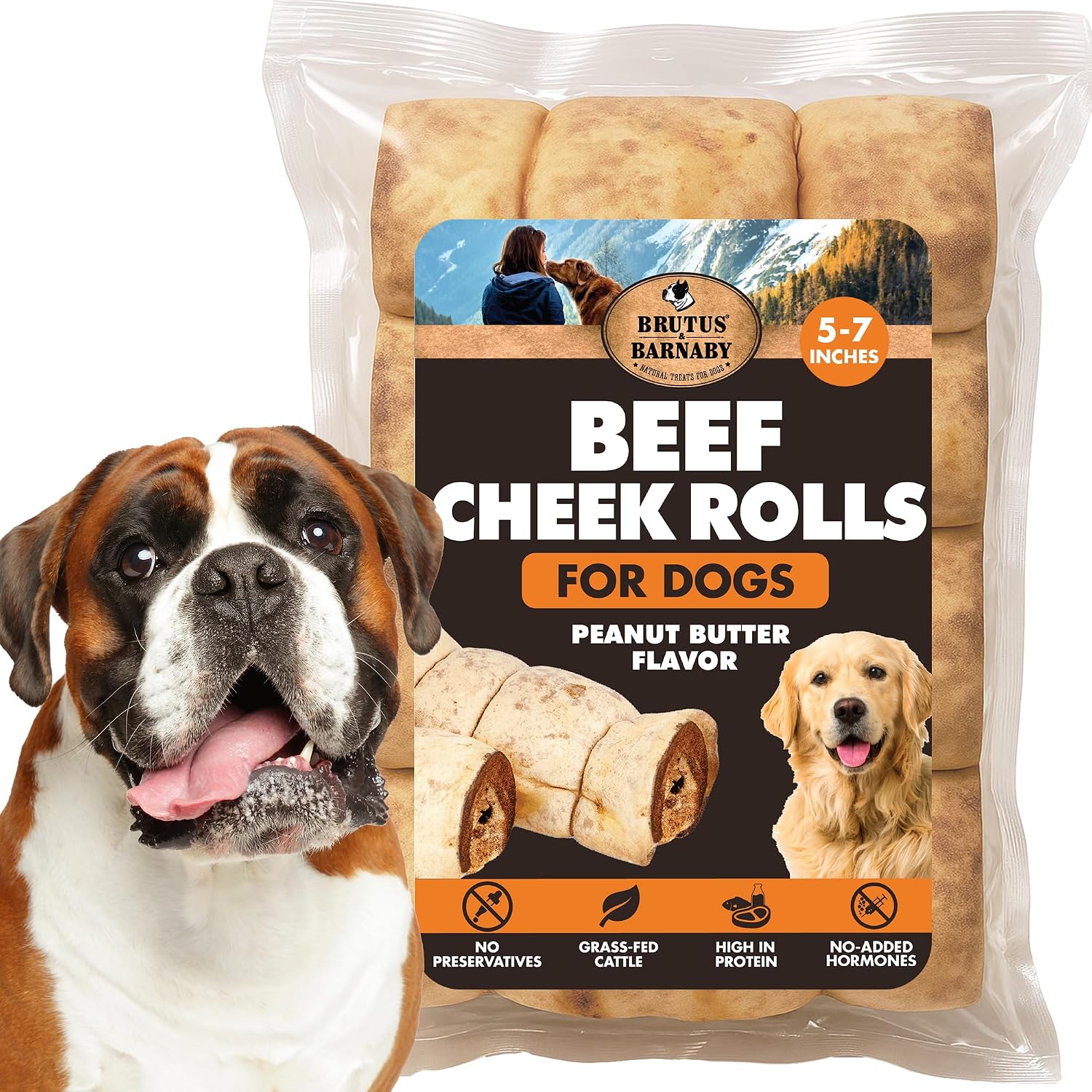 Brutus & Barnaby premium beef cheek rolls front view long lasting dog chews.