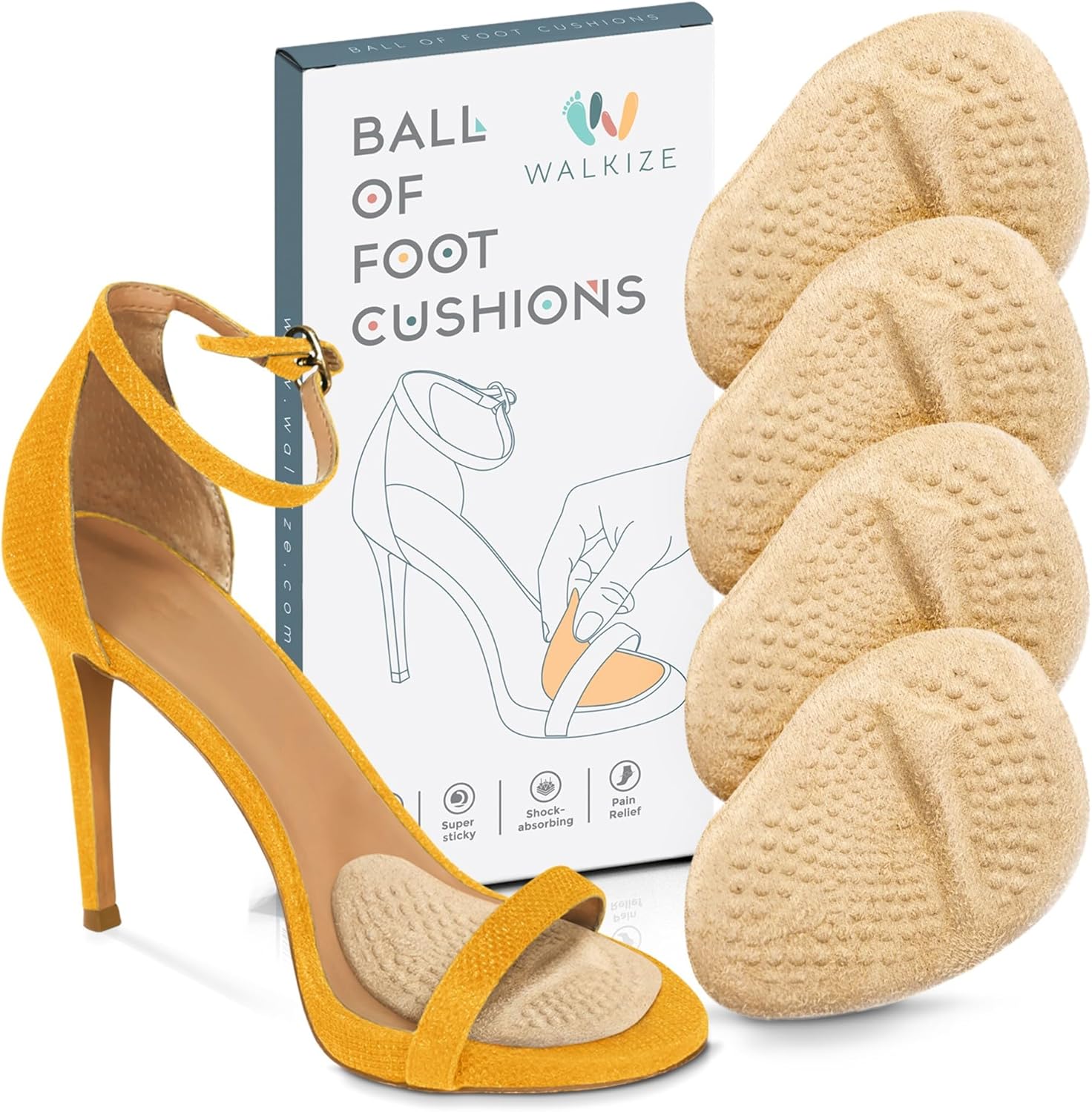 Walkize Metatarsal Pads for Women front view gel cushions for pain relief.