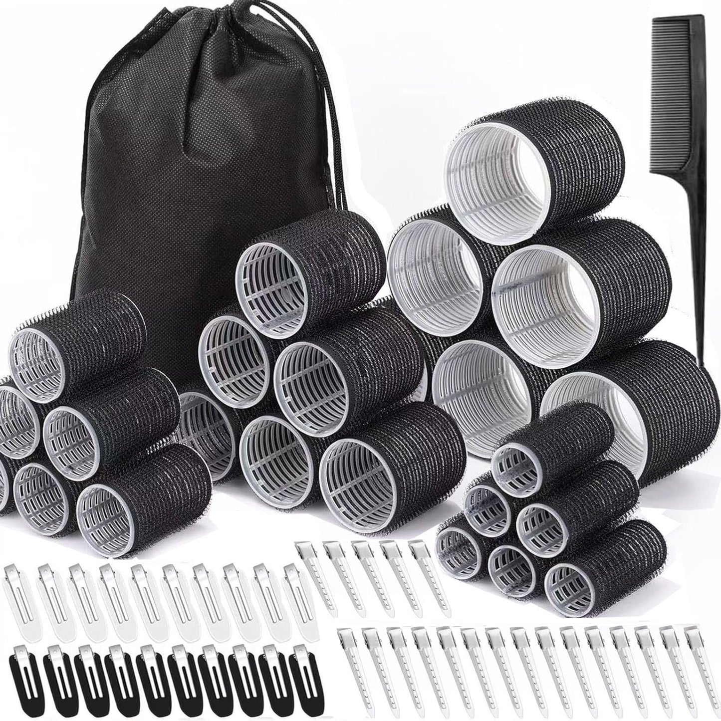 JZko sixty-six piece hair rollers set front view showing assorted sizes and stainless steel clips.