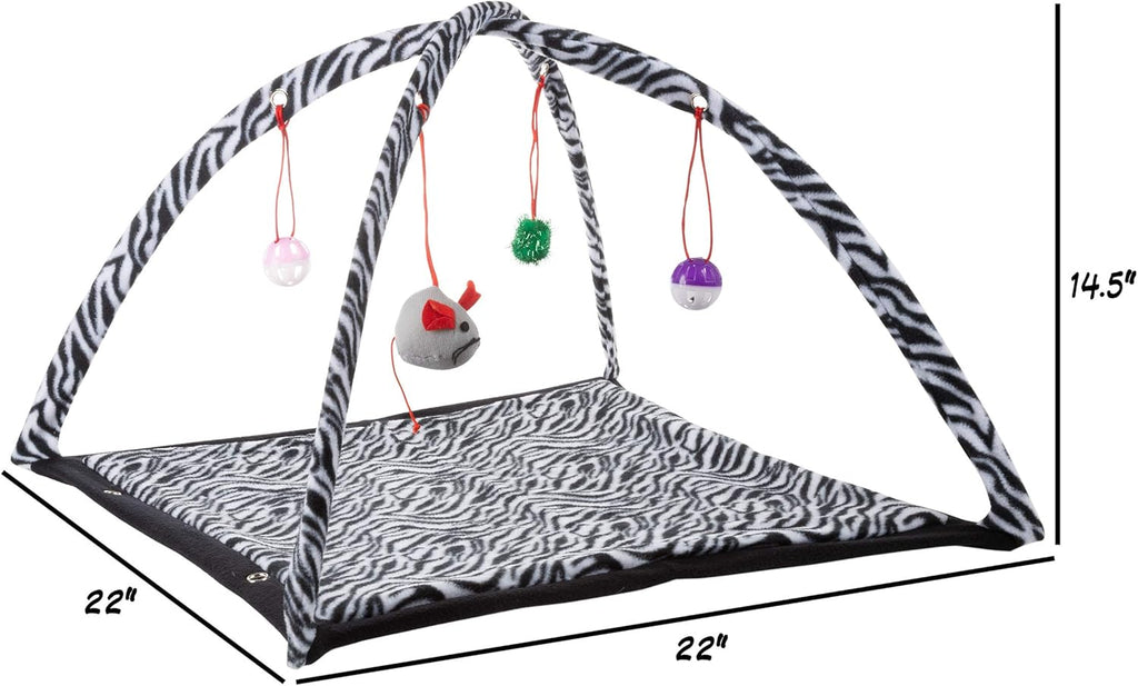 Petmaker interactive cat play mat showing hanging plush toys