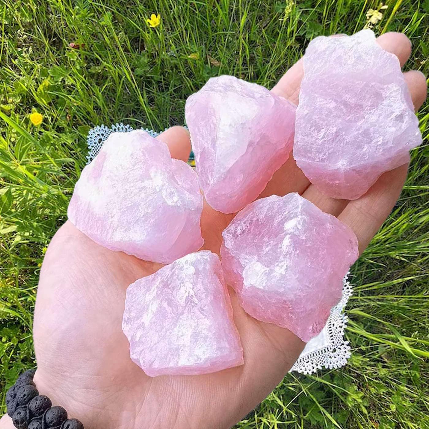 LAIDANLA Rose Quartz Natural Rough Stones front view showing 4 large pink crystals.
