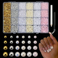 Opmadm 10000 pieces nail pearls and 3d nail charms set front view packaging