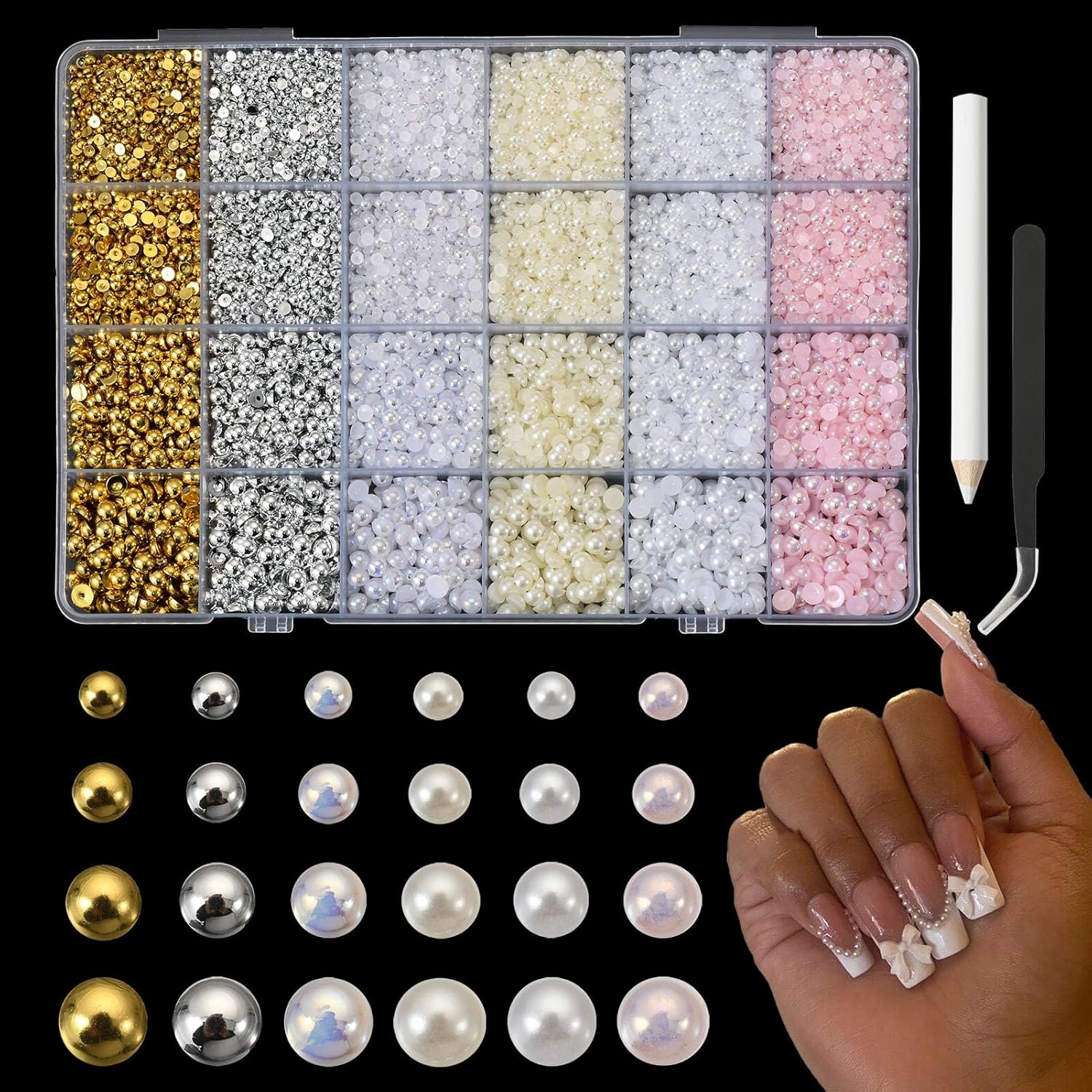 Opmadm 10000pcs nail pearls and 3D charms collection front view