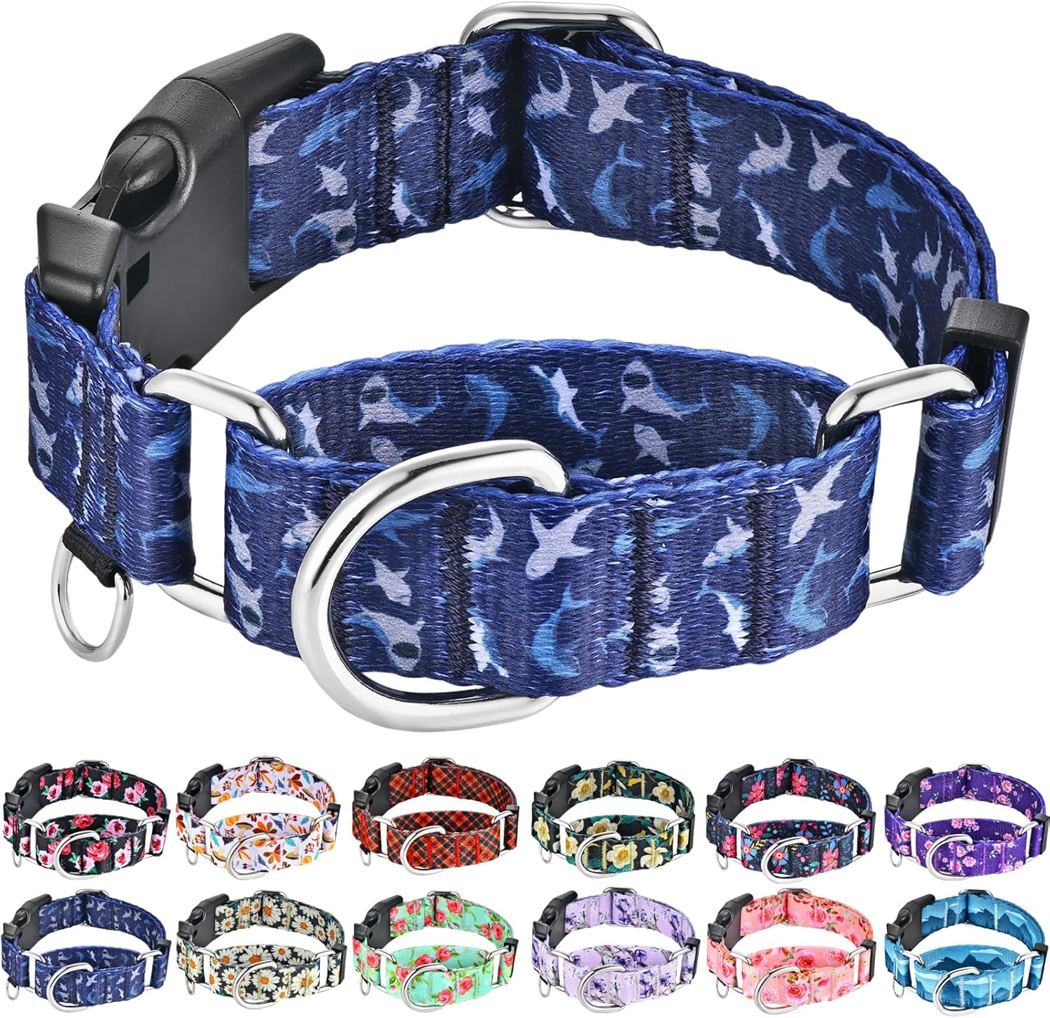 Fidohug martingale dog collar front view in deep blue shark pattern
