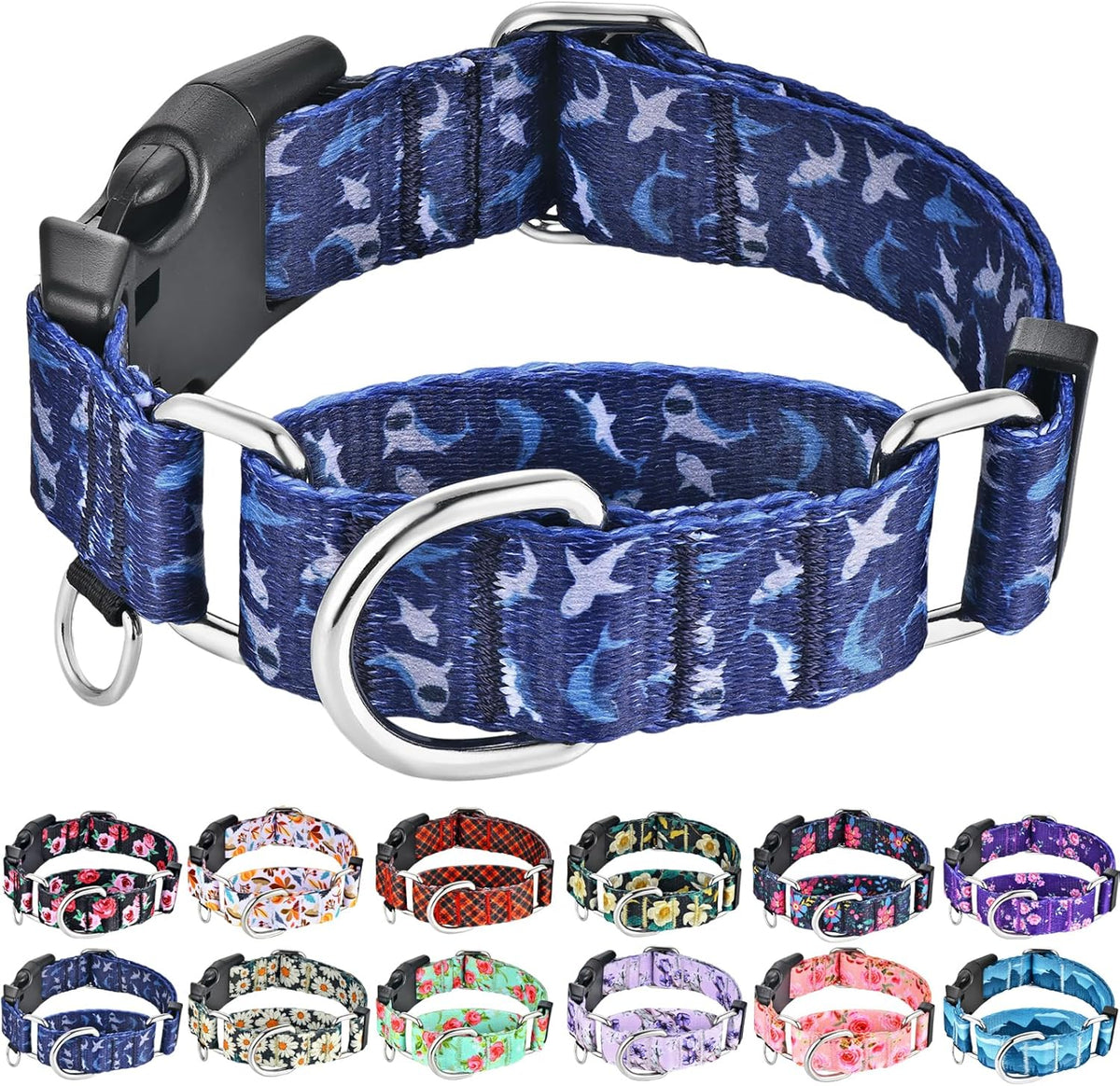 Fidohug martingale dog collar front view in deep blue shark pattern