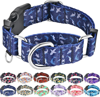 Fidohug martingale dog collar front view in deep blue shark pattern