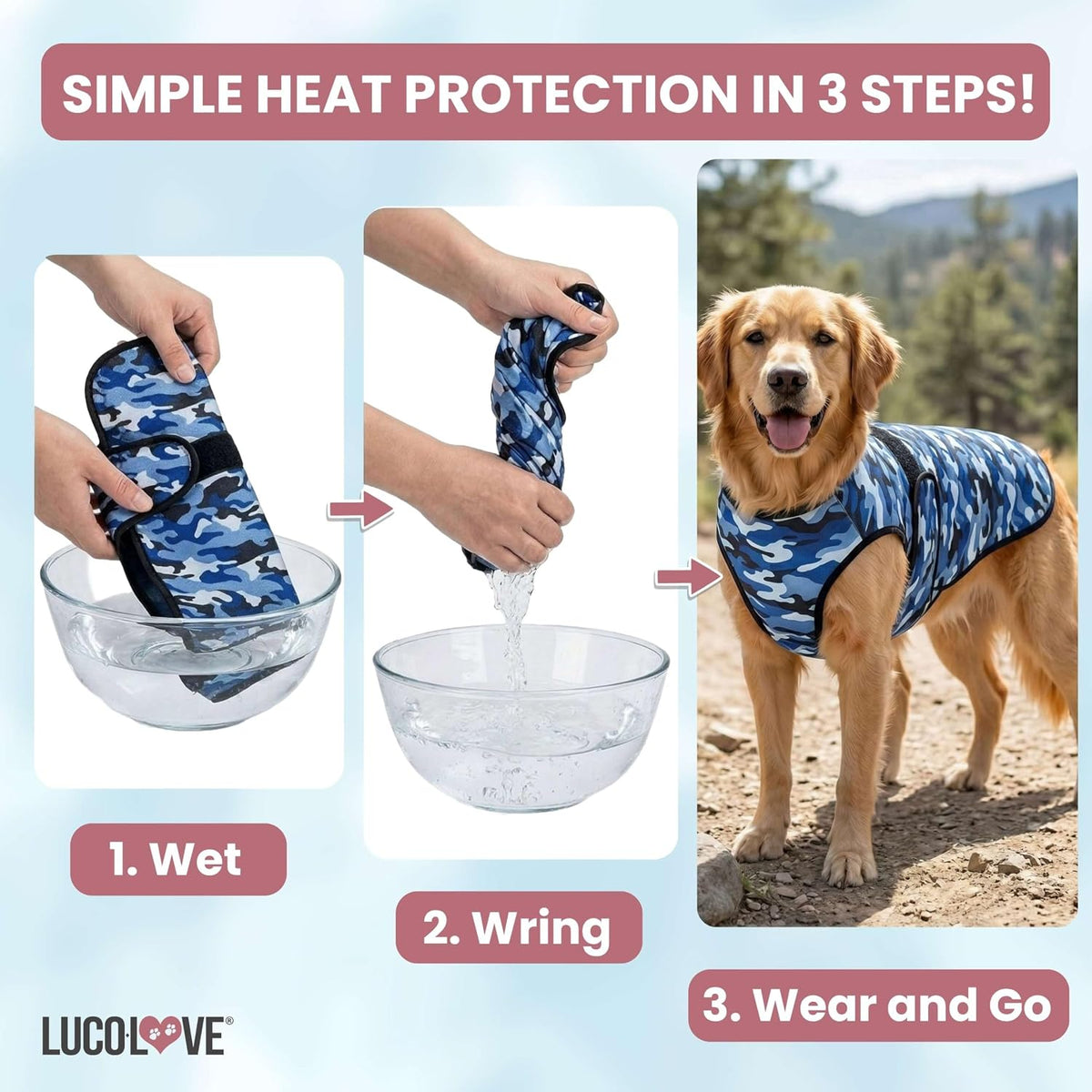 Dog enjoying summer walk wearing pink Lucolove cooling vest