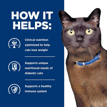 Hill's m/d cat food bag showing the veterinarian recommended seal for diabetic feline care