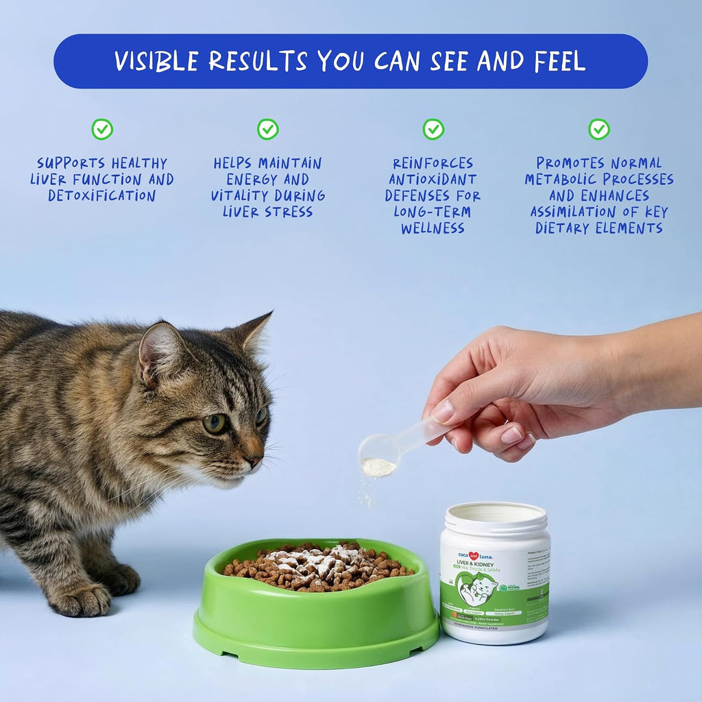 Coco and Luna feline liver detox powder with milk thistle and choline nutritional facts label
