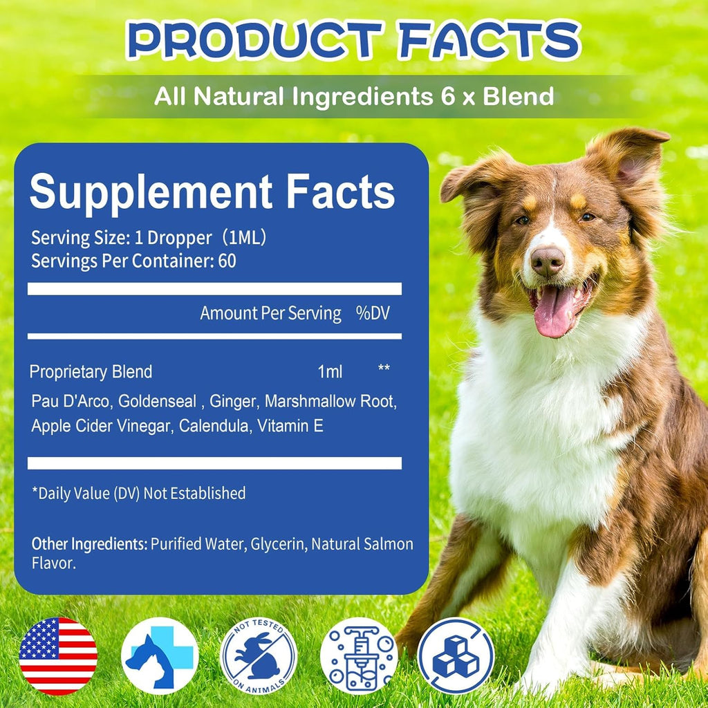Herlosfeel anti-inflammatory supplement drops for puppy allergy management.