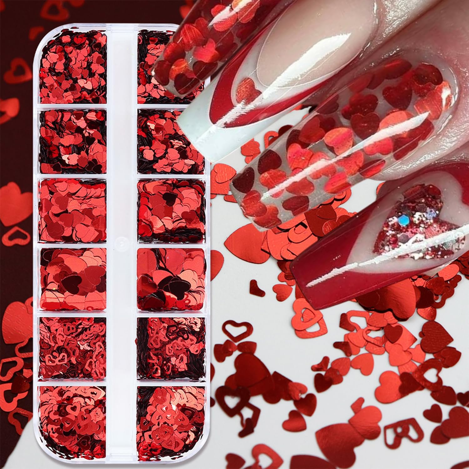 Tyuimhx 12 grids holographic heart nail glitter set front view