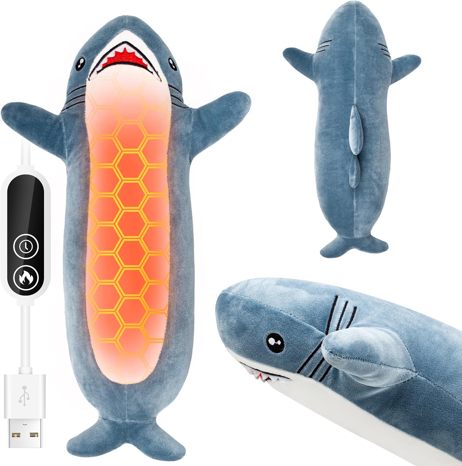 HOTHUGZ Shark Heating Pad front view showing the grey plush exterior for period cramp relief