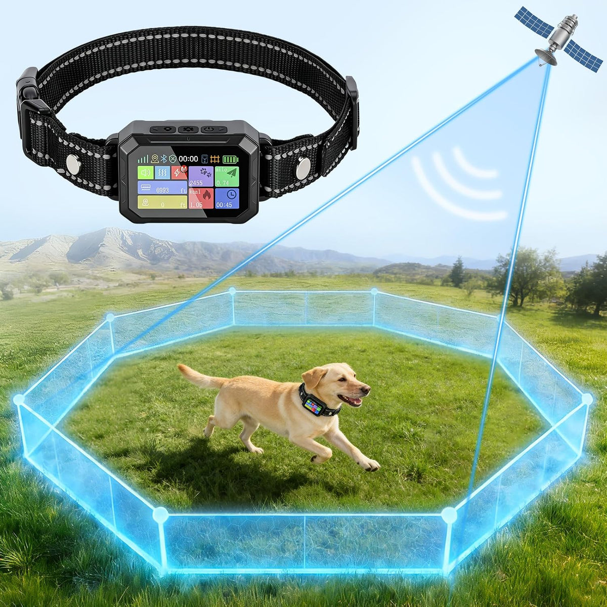 Smart pet containment collar with adjustable silicone strap and remote control transmitter.