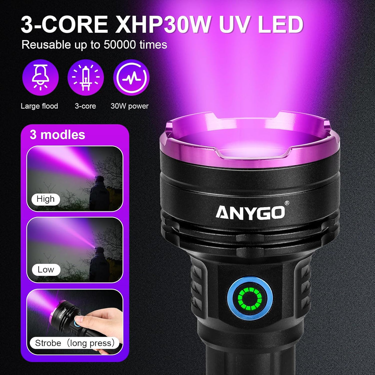 Anygo waterproof aluminum alloy blacklight flashlight close up chassis view