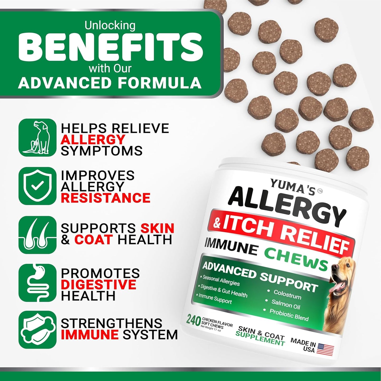 Close up of the back label detailing USA made dog allergy relief supplement ingredients.