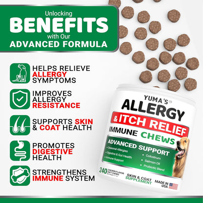 Close up of the back label detailing USA made dog allergy relief supplement ingredients.