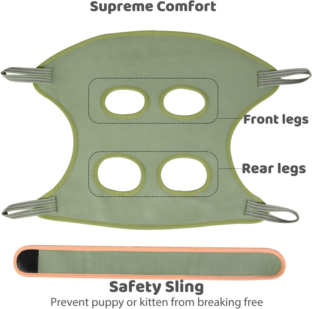 Guzekier pet restraint bag kit displaying the included orange safety belt, hanging straps, and heavy duty steel S hooks.