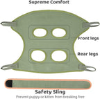 Guzekier pet restraint bag kit displaying the included orange safety belt, hanging straps, and heavy duty steel S hooks.