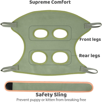 Guzekier pet restraint bag kit displaying the included orange safety belt, hanging straps, and heavy duty steel S hooks.