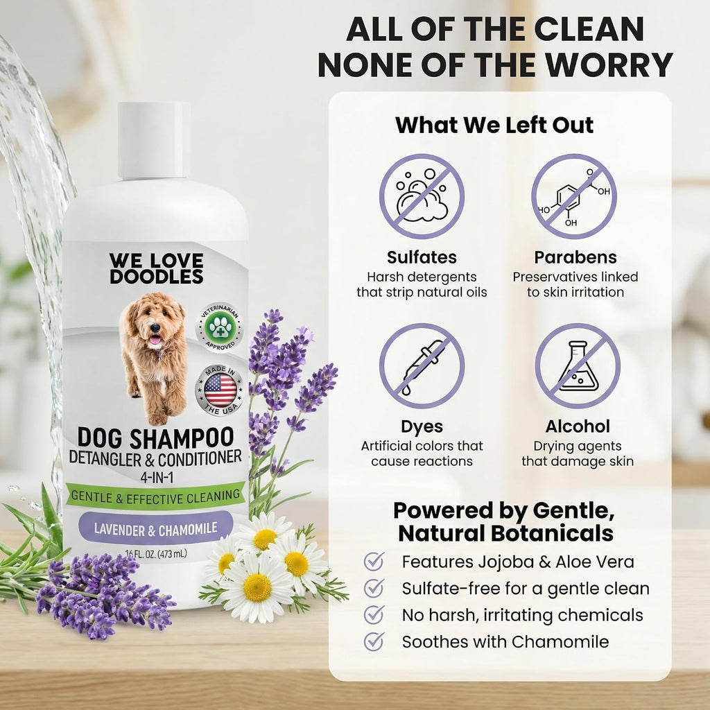 Back label of We Love Doodles dog conditioner and detangler bottle