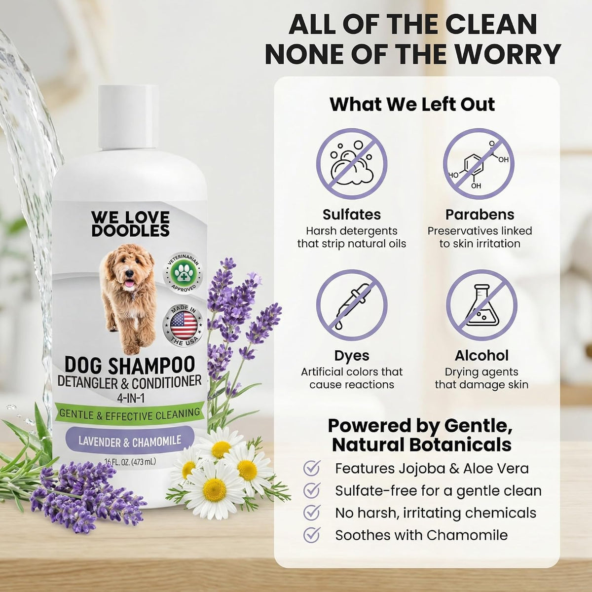 Back label of We Love Doodles dog conditioner and detangler bottle