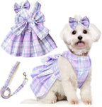 PETCARE purple plaid dog harness dress front view on puppy
