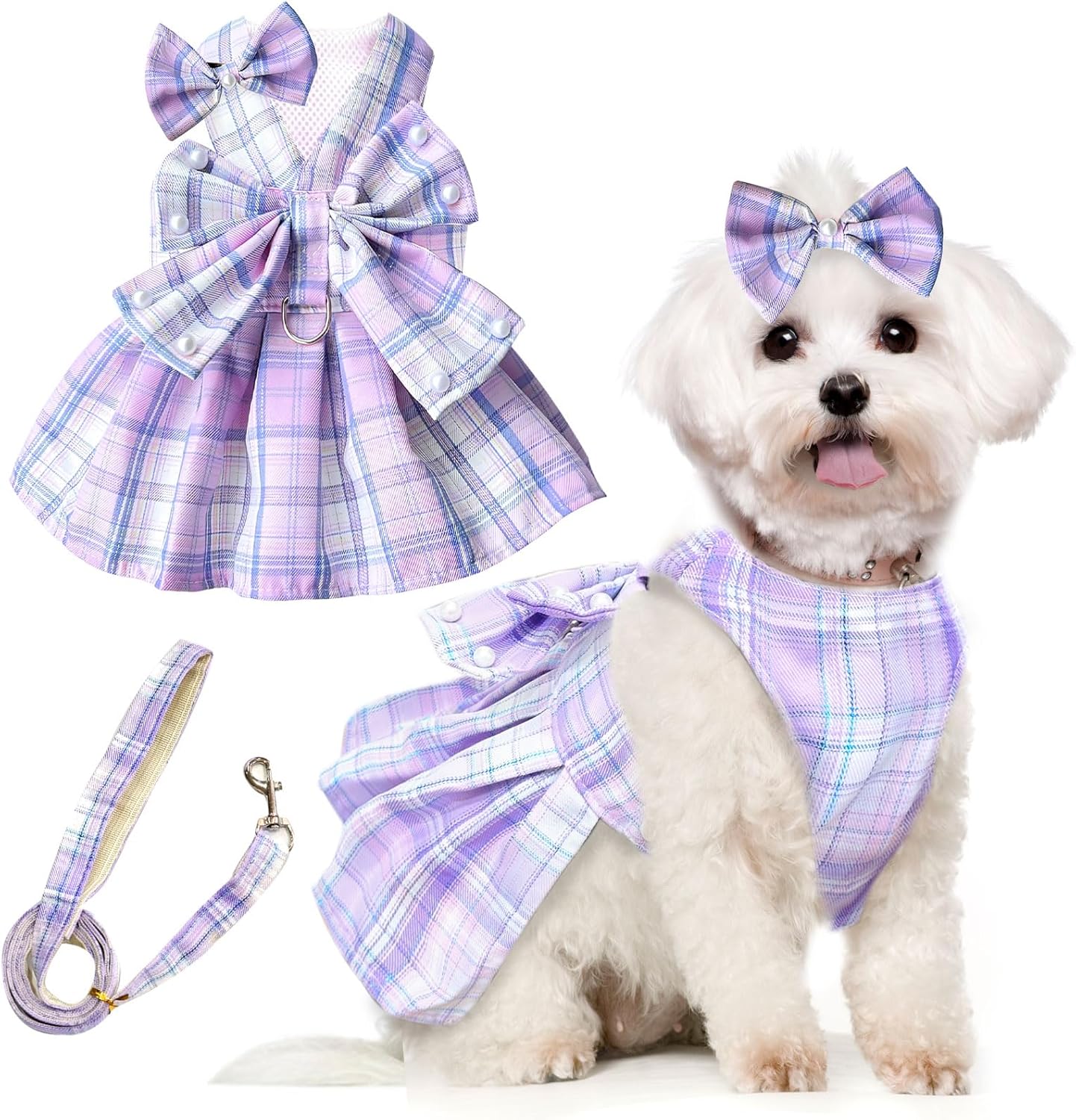 PETCARE purple plaid dog harness dress front view on puppy