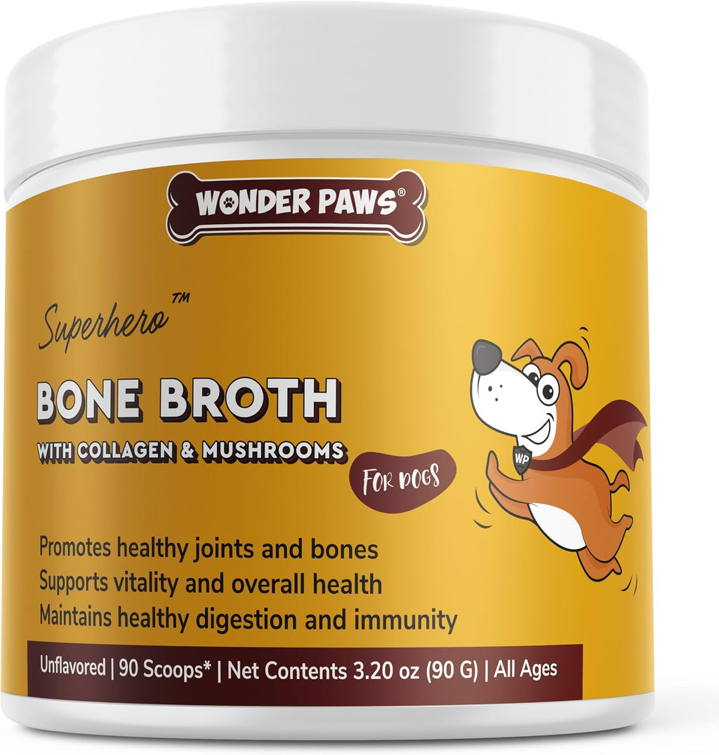 Wonder Paws bone broth for dogs product layout showing 3.20 Ounce size
