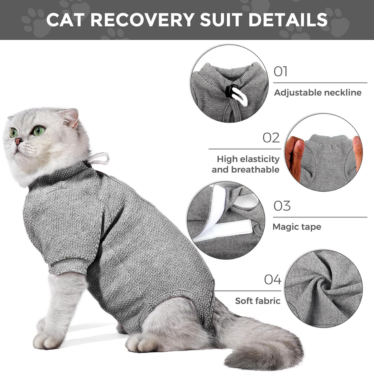 Dotoner pet surgical onesie for male and female cats featuring double-leg sleeve design to prevent wound licking.