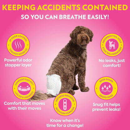 Side view of OUT! PetCare medium to large disposable dog diapers showing fur-friendly fasteners.