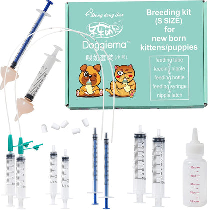 Doggiema newborn puppy and kitten breeding kit front view featuring feeding bottles and silicone nipples.