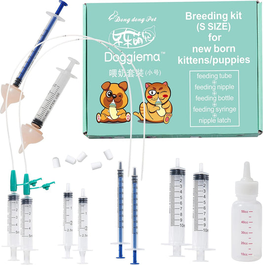 Doggiema newborn puppy and kitten breeding kit front view featuring feeding bottles and silicone nipples.
