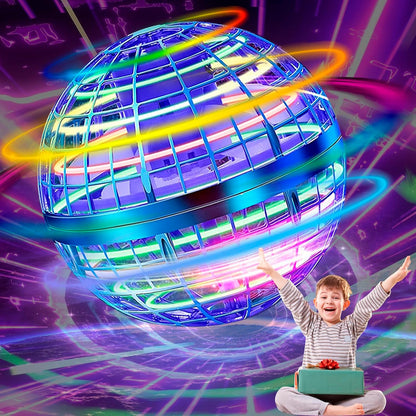 SUMMERLANGUAGE magic flying orb ball toy front view showing blue outer protective lattice shell and internal propeller mechanism.